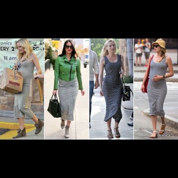 New. Navy and tan stripe TEES BY TINA stretch midi dress. OSFM - Picture 2 of 11